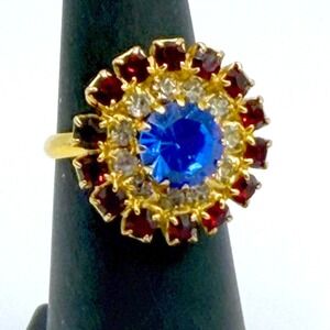 Red White Blue Rhinestone Ring Gold Tone Adjustable Patriotic 4th of July